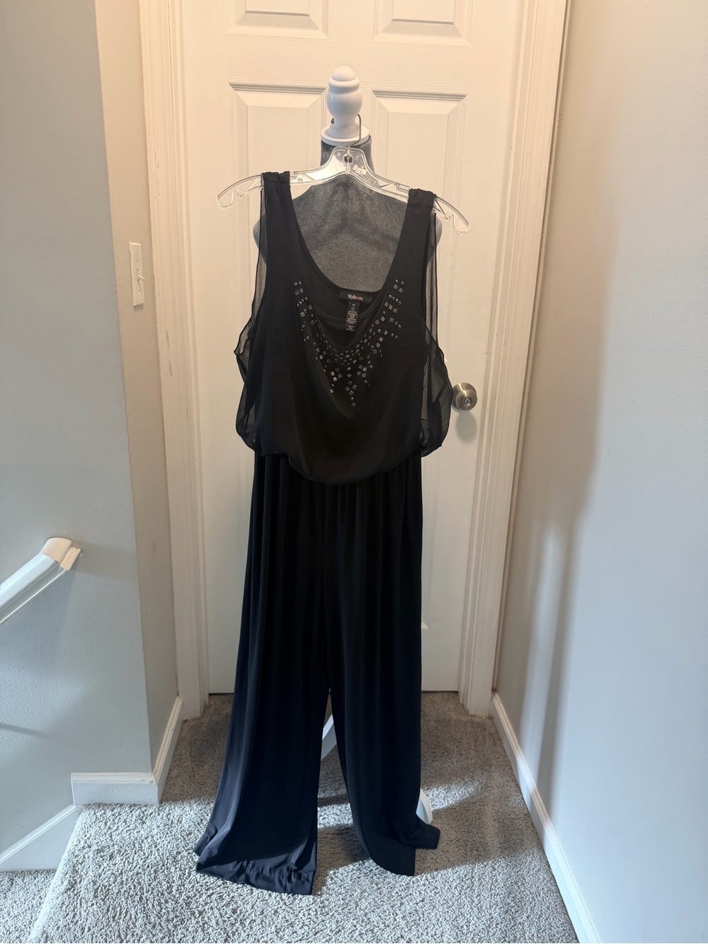 Style & Co. Black Beaded V-Neck Wide-Leg Jumpsuit